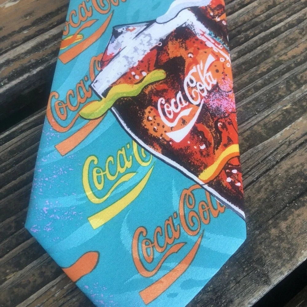Aqua Coca Cola Logo Silk Tie Mens Blue Green Red Coke Bottles Vintage 80s 90s